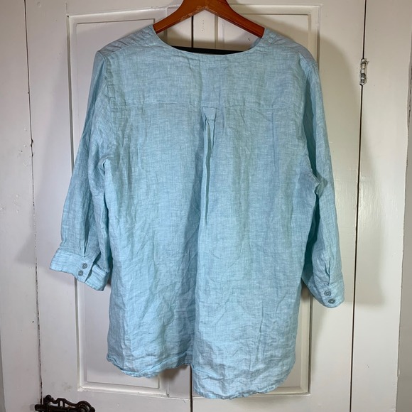 Orvis Womens Button Down Shirt XL Blue Linen 3/4 Sleeve Pockets Casual READ - Picture 2 of 14